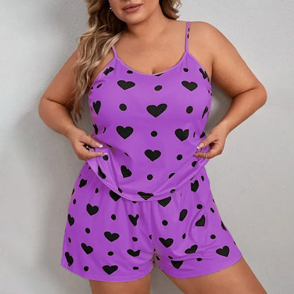 Plus Size Heart Print Women Pajama Set Sleeveless O Neck Crop Top & Elastic Waist Shorts 2 Pieces Female Sleepwear Nightwear - Smarsty