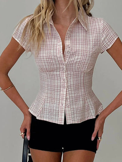 hirigin Women's Y2K Short Sleeve Plaid Button Down Shirt Button Down Blouses Tops Casual Summer Shirt Tops 90s Streetwear - Smarsty
