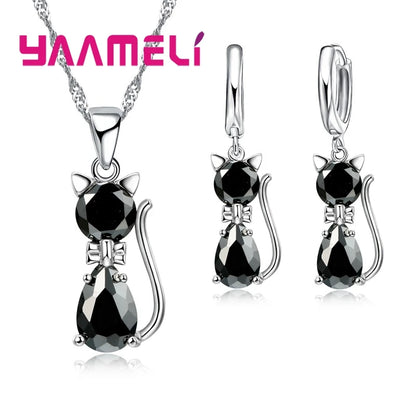 Real 925 Sterling Silver Cat Pendant Jewelry Set - Smarsty