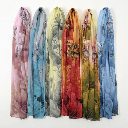 Lightweight Silk Lotus Print Scarf for Women Sun Protection - Smarsty