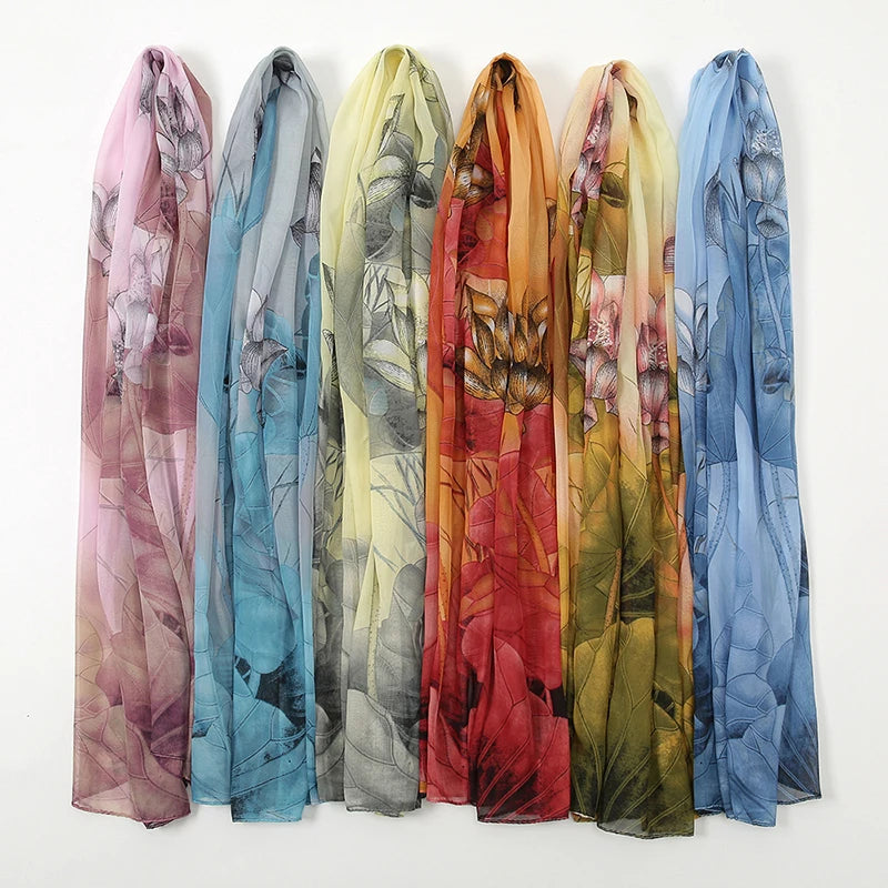 Lightweight Silk Lotus Print Scarf for Women Sun Protection - Smarsty