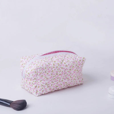 Storage Organizer Floral Puffy Quilted Makeup Bag Flower Printed Cosmetic Pouch Large Travel Cosmetic Bag Makeup Accessory - Smarsty