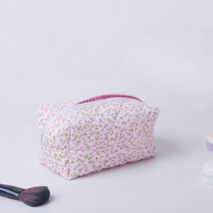 Storage Organizer Floral Puffy Quilted Makeup Bag Flower Printed Cosmetic Pouch Large Travel Cosmetic Bag Makeup Accessory - Smarsty