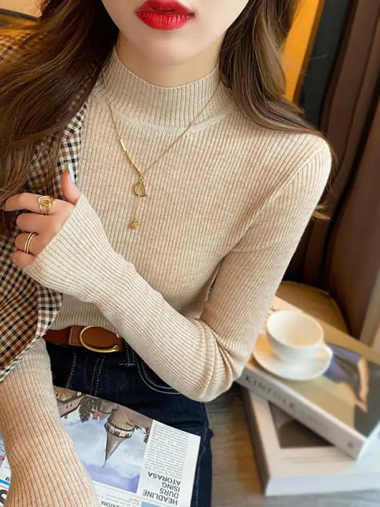 Autumn Winter Mock Neck Women Sweater Vintage Basic Solid Knitted Korean Tops Casual Slim Pullover Sweaters Simple Chic Jumpers - Smarsty