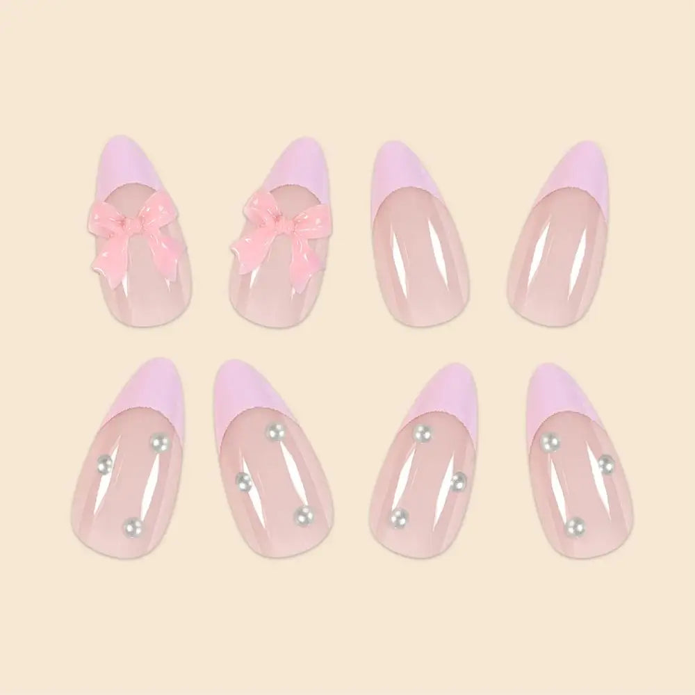 French Water Droplet Fake Nails Set with Pearl Bows - Smarsty