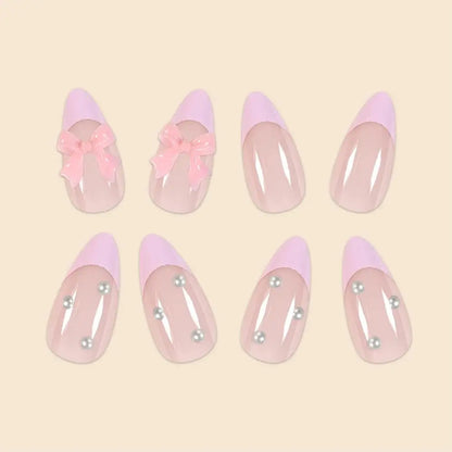 French Water Droplet Fake Nails Set with Pearl Bows - Smarsty