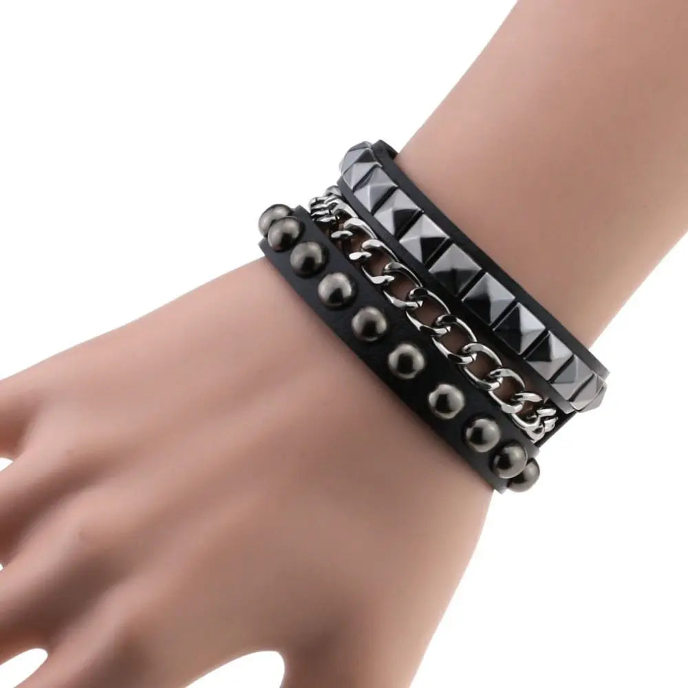 Black Goth Leather Bracelets Set with Rivet Spikes - Smarsty