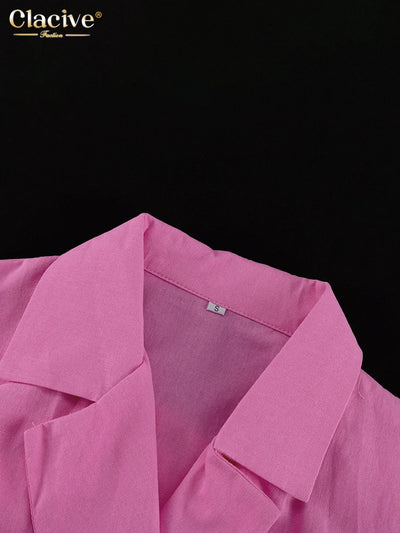 Clacive Casual Loose Pink Cotton Dress Ladies Fashion Lapel Long Sleeve Ankle Length Dress Elegant Lace-Up Dresses For Women - Smarsty