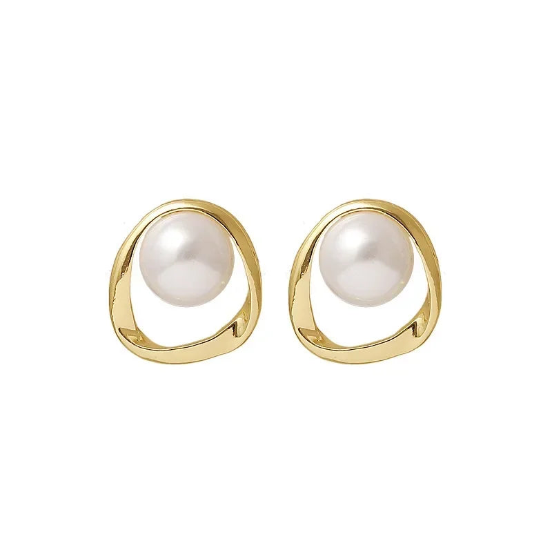 Gold Pearl Stud Earrings Korean Irregular Delicate 2023 - Smarsty