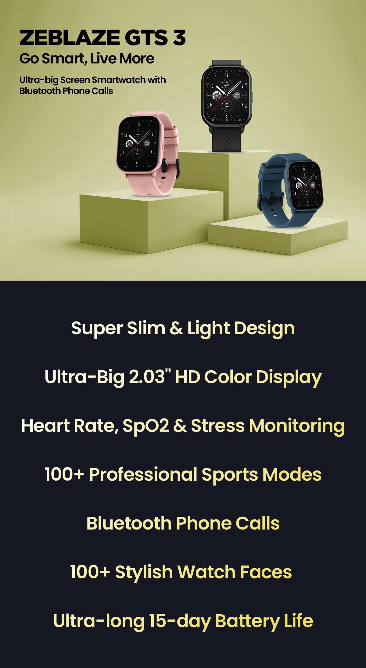 Zeblaze GTS 3 Smart Watch with 2.03 Inch Screen - Smarsty