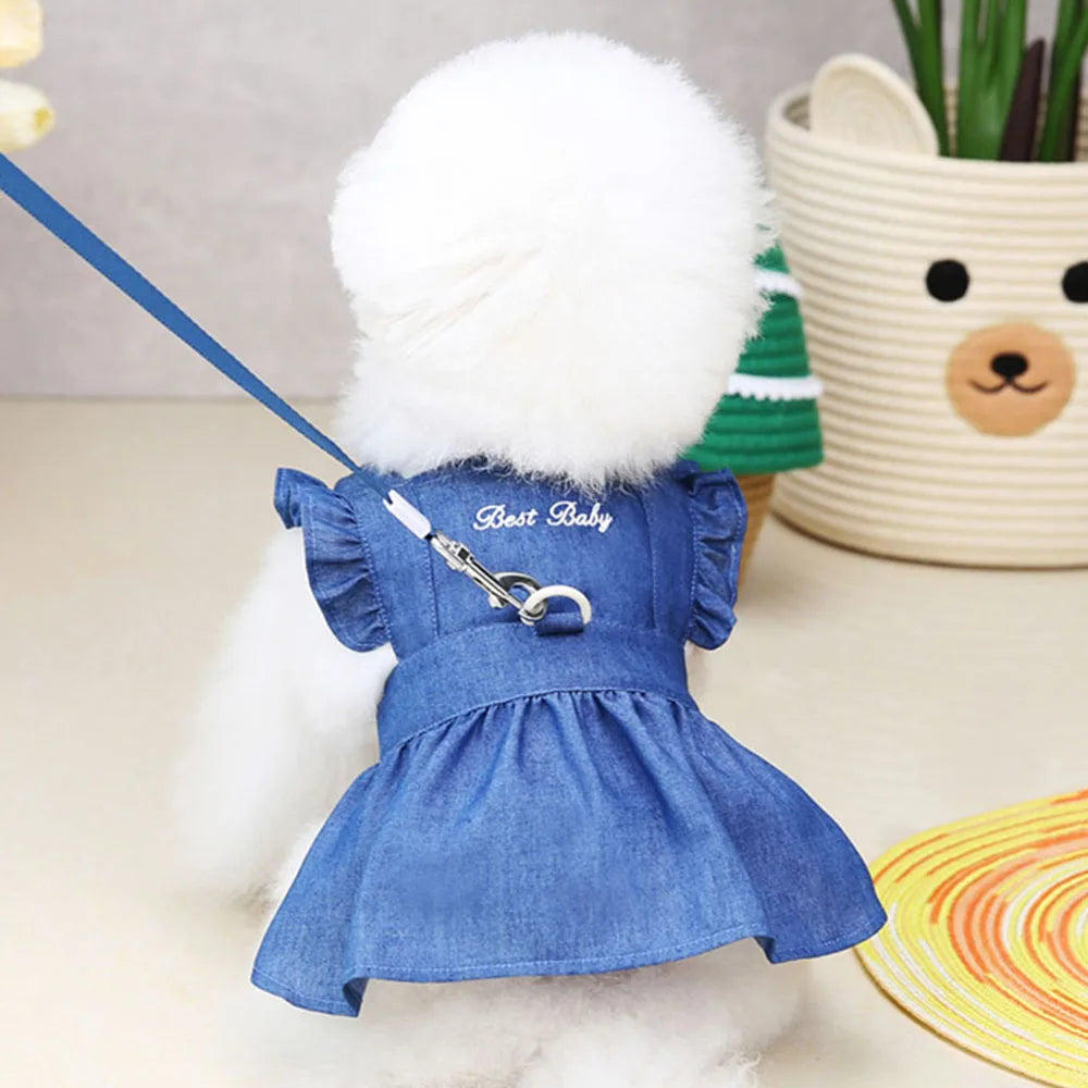 Cute Denim Dress for Small Dogs with Leash Ring - Smarsty