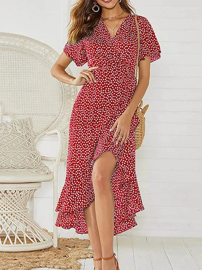 Summer Beach Maxi Dress Women Floral Print Boho Long Chiffon Dress Ruffles Wrap Casual V-Neck Split Sexy Party Dress Robe Femme - Smarsty