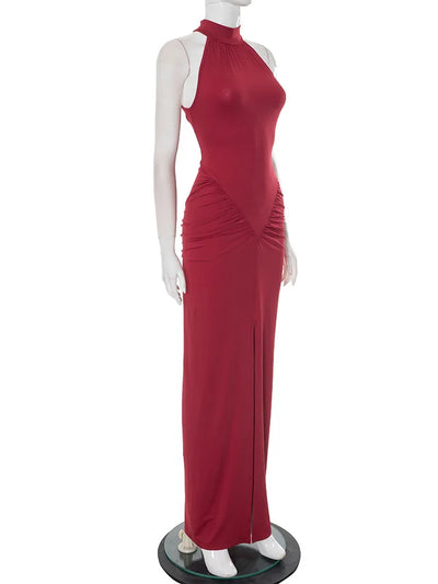 Mozision Halter Ruched Sleeveless Sexy Maxi Dress Women Gown Fashion Slim High Waist Evening Club Party Split Long Dress - Smarsty