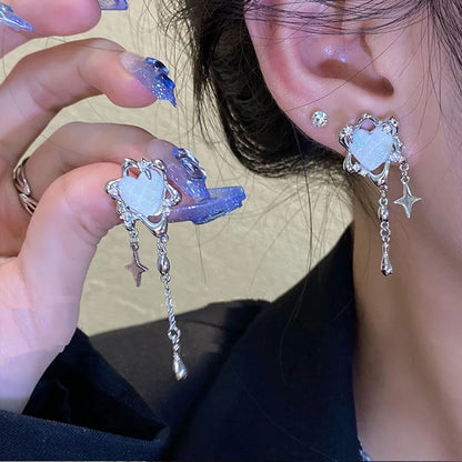 Y2K Pink Heart Star Tassel Earrings for Trendy Kpop Style - Smarsty
