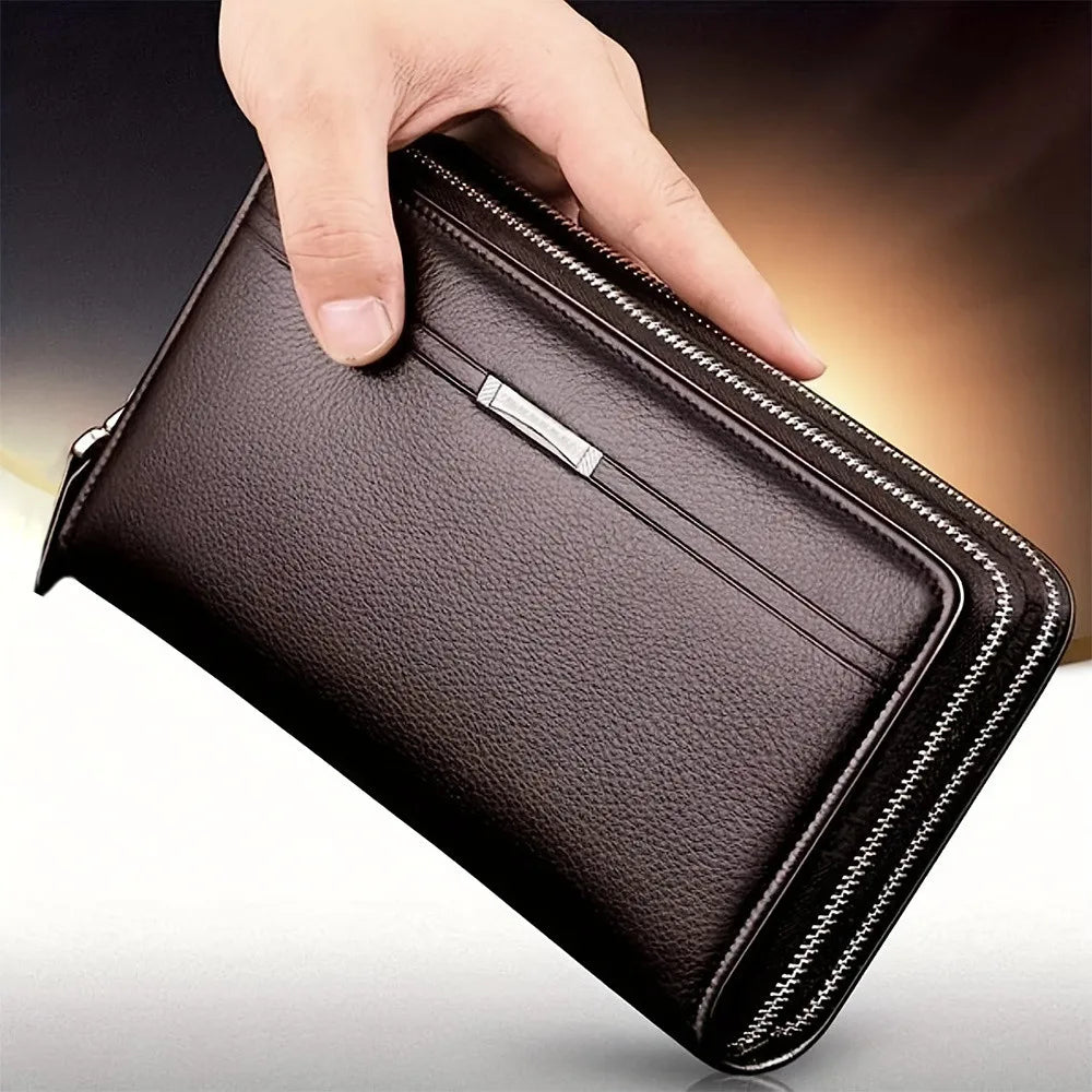 Men Large Capacity Wallet Long Zipper Purse Synthetic Leather Clutch Business Handbag Phone Card Holder Case Gift for Men Him - Smarsty