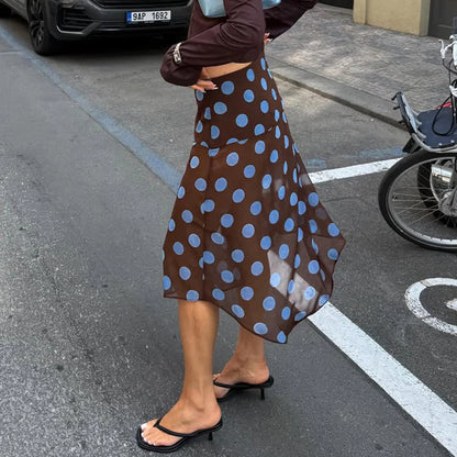BIIKPIIK Casual Women Polka Dot Skirts Lettuce Trim Beige Elegant Midi Skirts Streetwear Simple All-match Bottom Clothing Spring - Smarsty