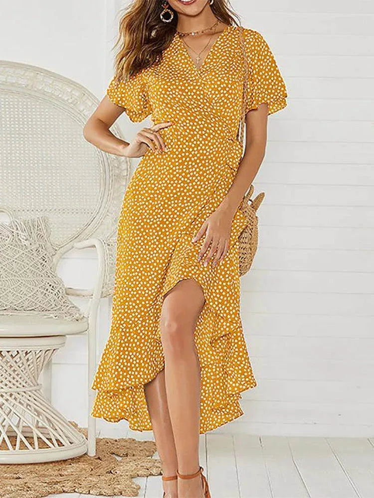 Summer Beach Maxi Dress Women Floral Print Boho Long Chiffon Dress Ruffles Wrap Casual V-Neck Split Sexy Party Dress Robe Femme - Smarsty