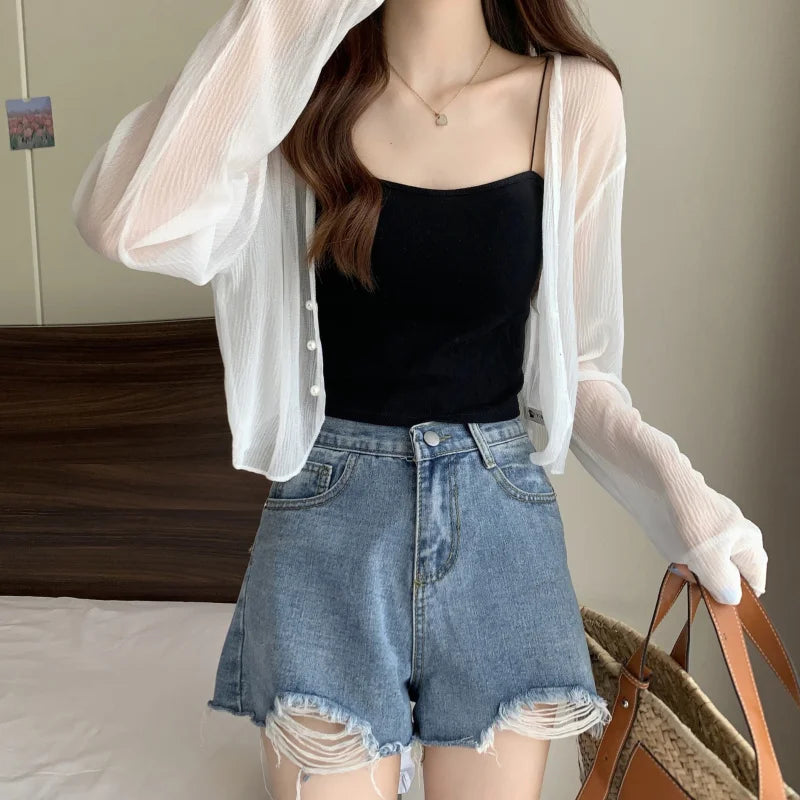 2025 Fairy Style Solid Cardigan Women Summer New Long Sleeve Sunscreen Sweet Beading V-neck Basics Loose Chiffon Cardigan - Smarsty