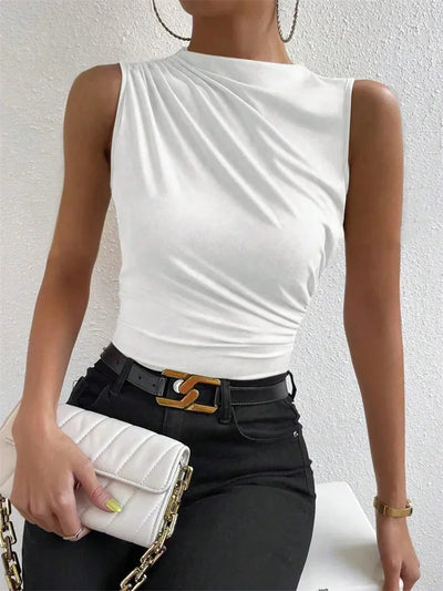 Fashion Casual Mock Neck Ruched Tank Top for Women Summer 2024 Solid Color Pleated Sleeveless Tee Shirt Tshirt Streetwear Y2K - Smarsty