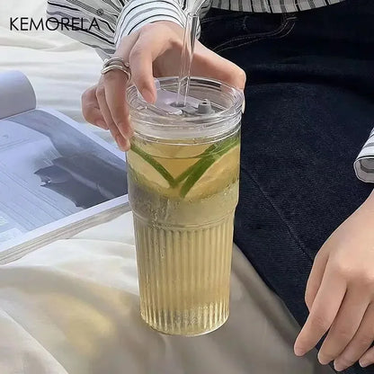600ML Eco-Friendly Stripe Glass Cup with Lid and Straw - Smarsty