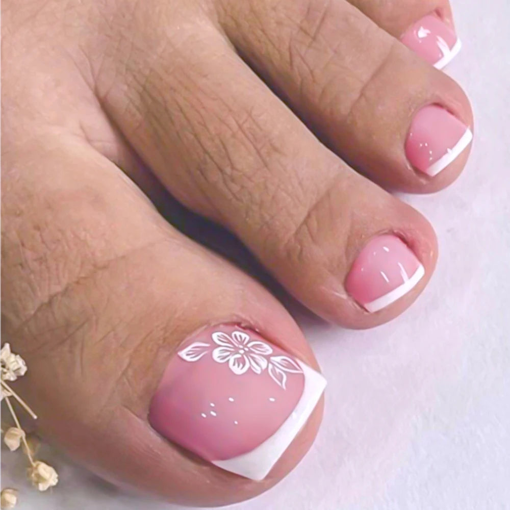 French Flower Fake Toenails Short Square Press On Tips - Smarsty