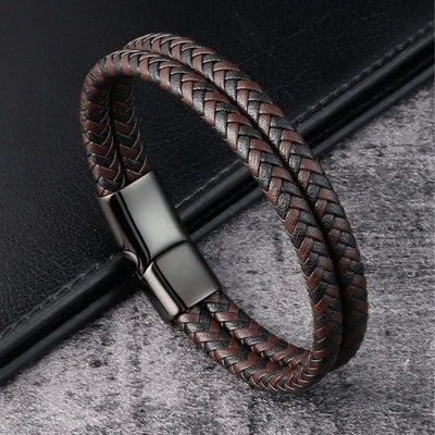 Mens Braided Leather Bracelet Double Band Bangle - Smarsty