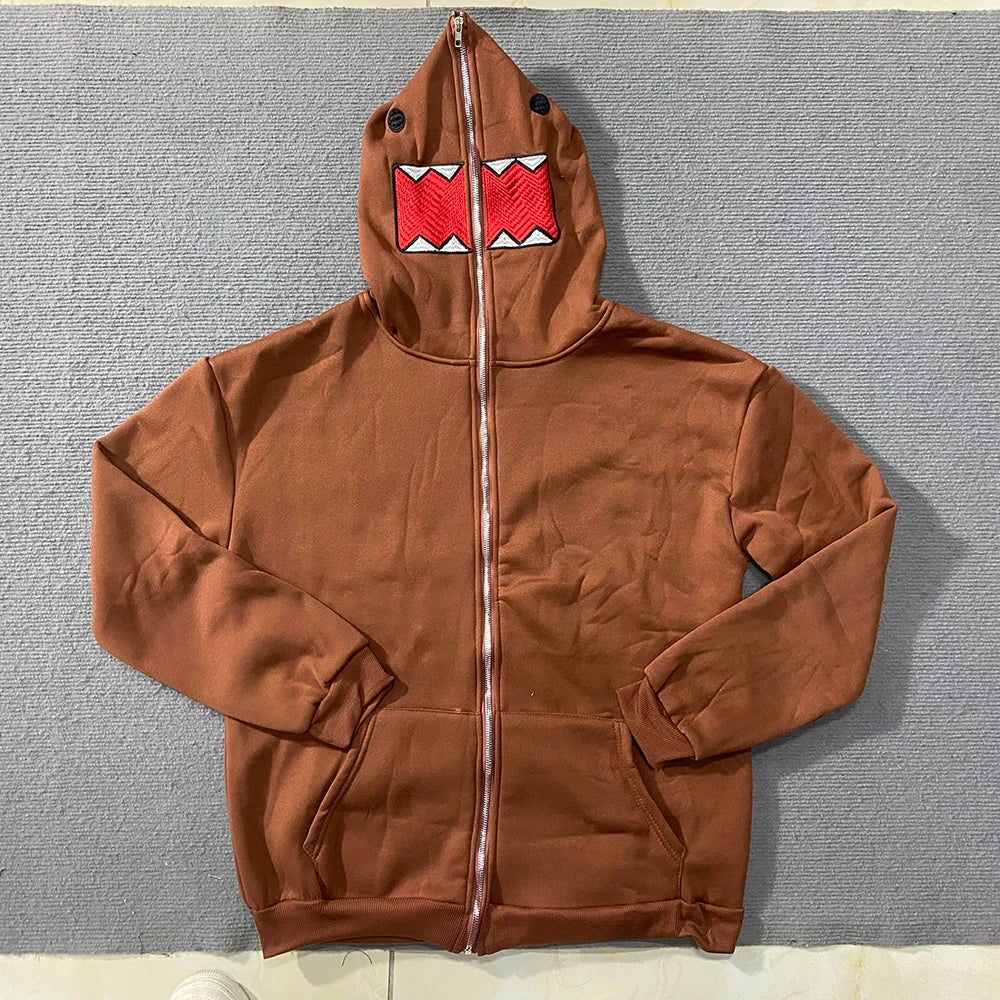 Domo kun Unisex Embroidered Jacket Long Sleeve Zipper Hooded Sweatshirt for Autumn Winter Cardigan