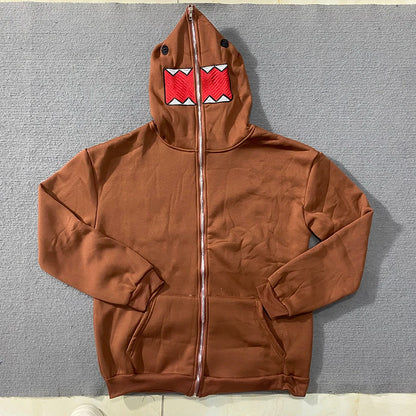 Domo kun Unisex Embroidered Jacket Long Sleeve Zipper Hooded Sweatshirt for Autumn Winter Cardigan