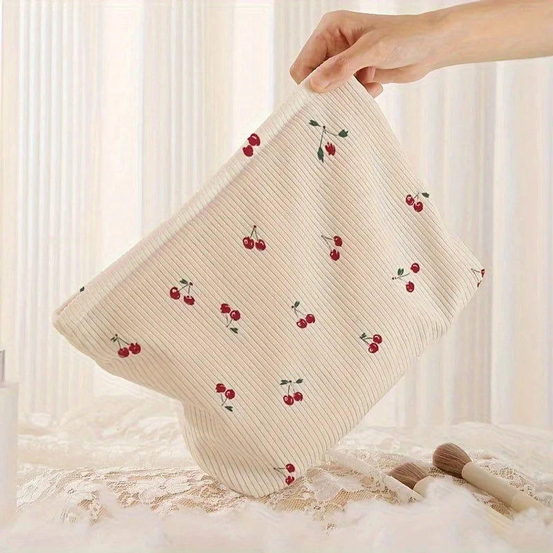 Cherry Print Corduroy Makeup Bag With Lightweight Zipper - Smarsty