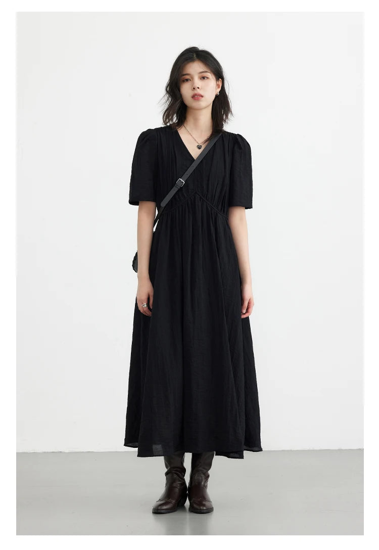 CHIC VEN Women Dresses French Style Vintage V-neck Puff Sleeve Long Dress Solid Black Loose Female Clothing Summer New 2023 - Smarsty