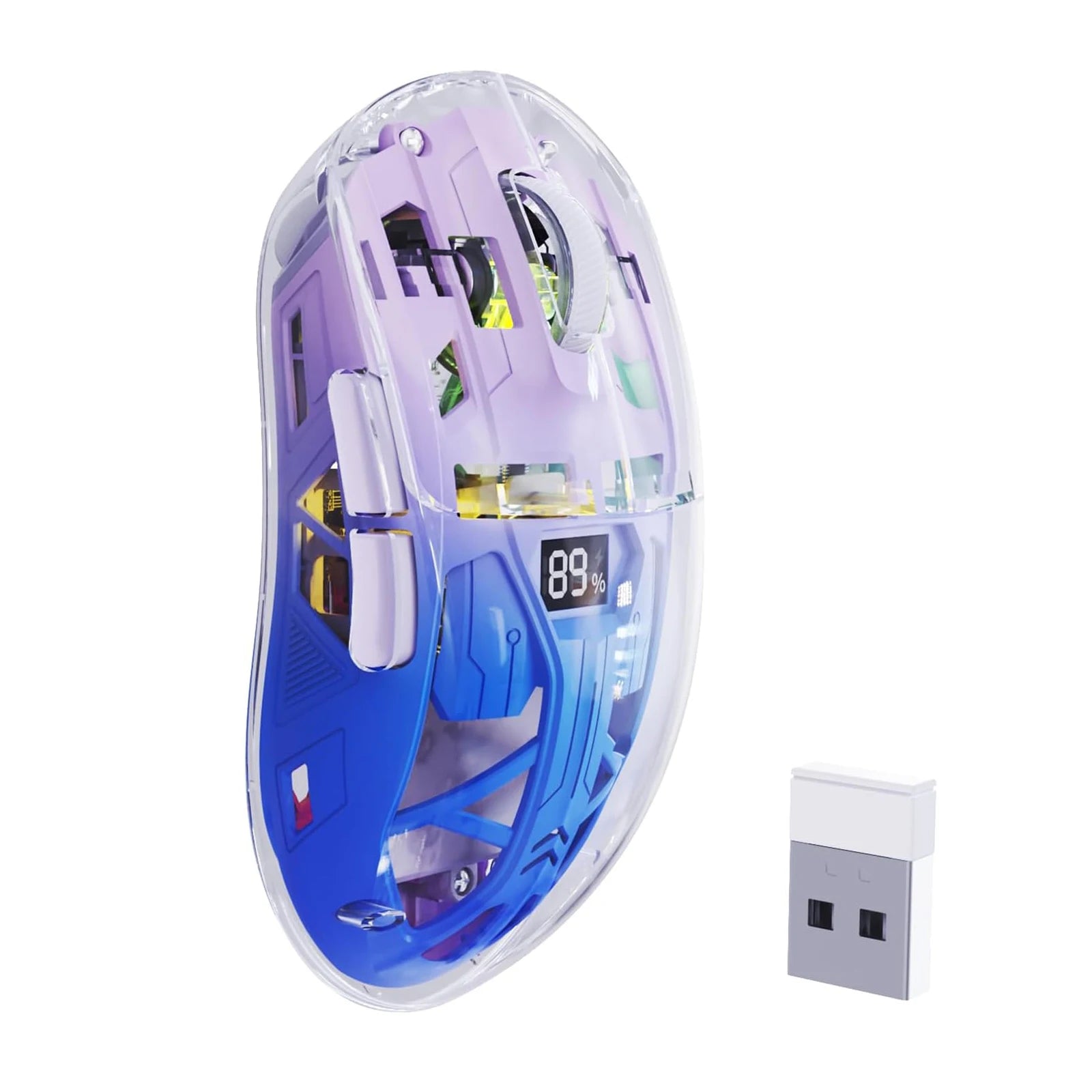 A2 Transparent Wireless Gaming Mouse, BT 5.0/2.4G PC Rechargeable RGB Mice with Digital Screen,PixArt 3212, 5 Adjustable DPI