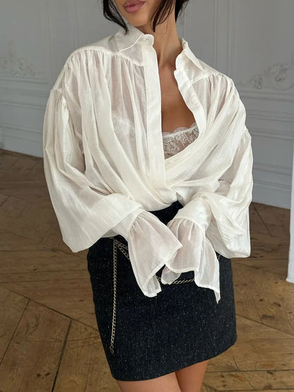 Tossy Casual Loose See-Through Shirts Women's Autumn Lapel Long Sleeve Patchwork Blouse Top Streetwear Female Solid Shirts Top - Smarsty
