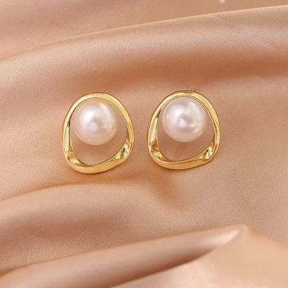 Gold Pearl Stud Earrings Korean Irregular Delicate 2023 - Smarsty