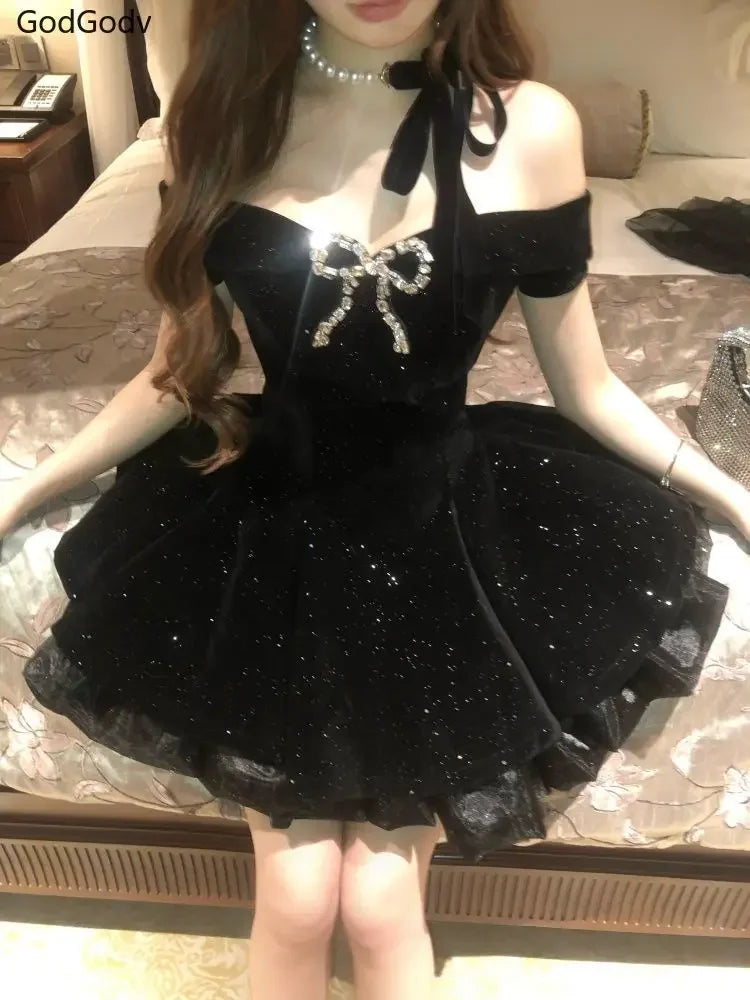 Black French Vintage Elegant Design Woman Dress Gothic Off Shoulder Retro Mini Dress Female Fairy Birthday Party Chic Outfits - Smarsty