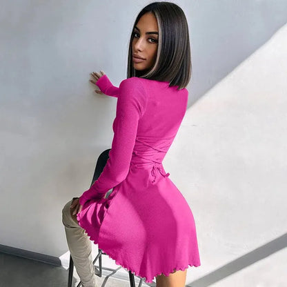 Dulzura Women 2024 Spring Autumn Fashion Long Sleeve Knitted Streetwear Bodycon Short Mini Dress Wholesale Items For Business - Smarsty