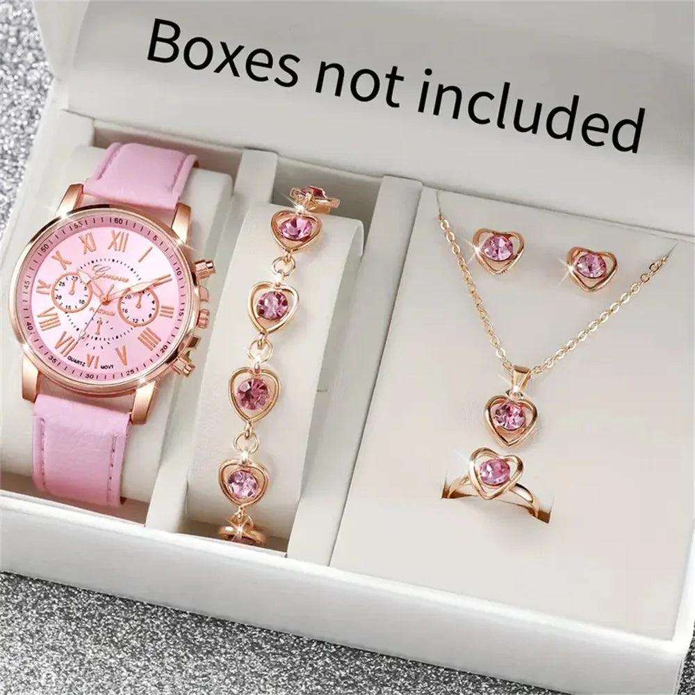 6PCS Women's Quartz Watch Set with Leather Band - Smarsty