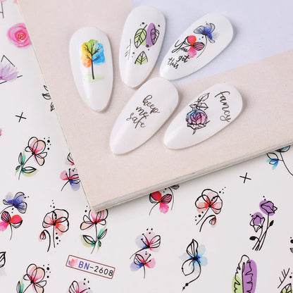 12 Pcs Summer Ink Flowers Nail Art Stickers - Smarsty