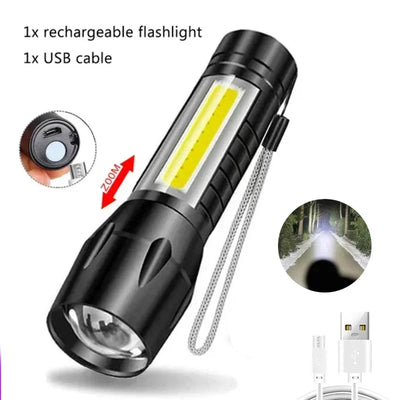 Mini LED Flashlight COB+XPE Portable Torch USB Charging Camping Lantern Zoomable Focus Light Tactical Flashlight with Pen Clip - Smarsty
