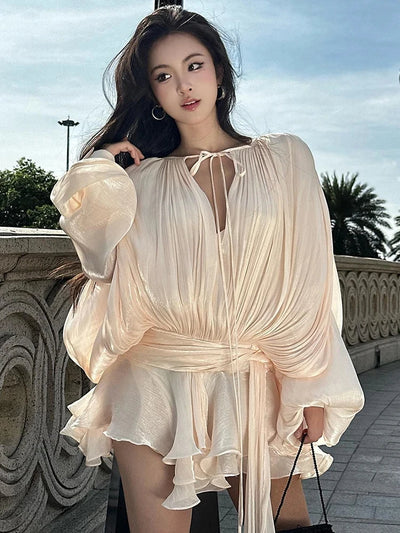 TWOTWINSTYLE Elegant Ruched Mini Dress For Women Round Neck Lantern Long Sleeve High Waist Temperament Dresses Female Fashion - Smarsty