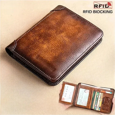 Men Wallet Genuine Leather Rfid Blocking Trifold Wallet Vintage Thin Short Multi Function ID Credit Card Holder Male Purse Money - Smarsty