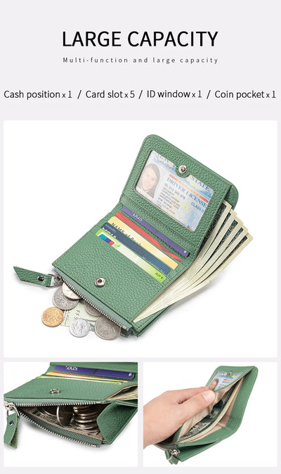 Women Genuine Leather Slim Short Wallet RFID Blocking Bi-Fold Wallet Credit Card Holder money clip wallet Zipper Coin pocket - Smarsty