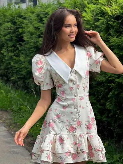 Tornova Print Puff Sleeves Ruffled Dress Women's V-Neck High Waist Pearl Buttons Mini Dress Female Casual Vacation Fashion Dress - Smarsty