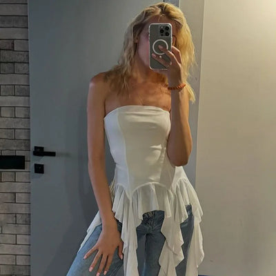 Sexy Off Shoulder Crop Tops Spring Summer Halter Sleeveless Streetwear Y2K White Solid Tank Top Casual Evening Party Club Tees - Smarsty