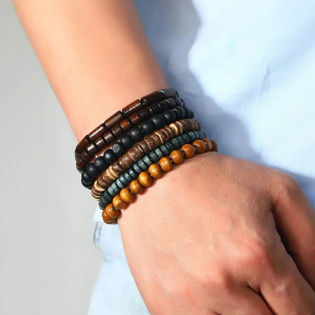 6PCS  Wodeen Braided Wrap Leather Bracelet for Men Vintage Life Wood Beads Fashion Male Armband - Smarsty