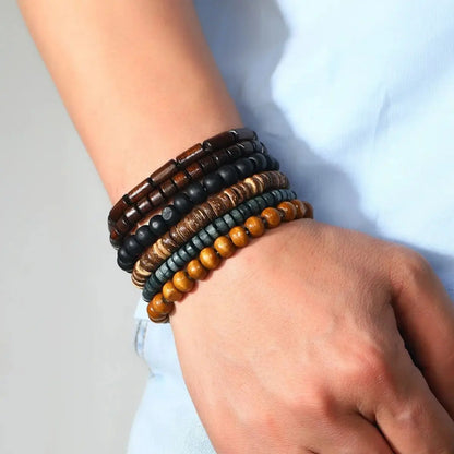 6PCS  Wodeen Braided Wrap Leather Bracelet for Men Vintage Life Wood Beads Fashion Male Armband - Smarsty