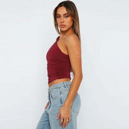 Solid Color One Shoulder Backless Shrink Tank Top T-Shirt Candy Color Tight Sexy Sleeveless Neckless Slim Casaul Top