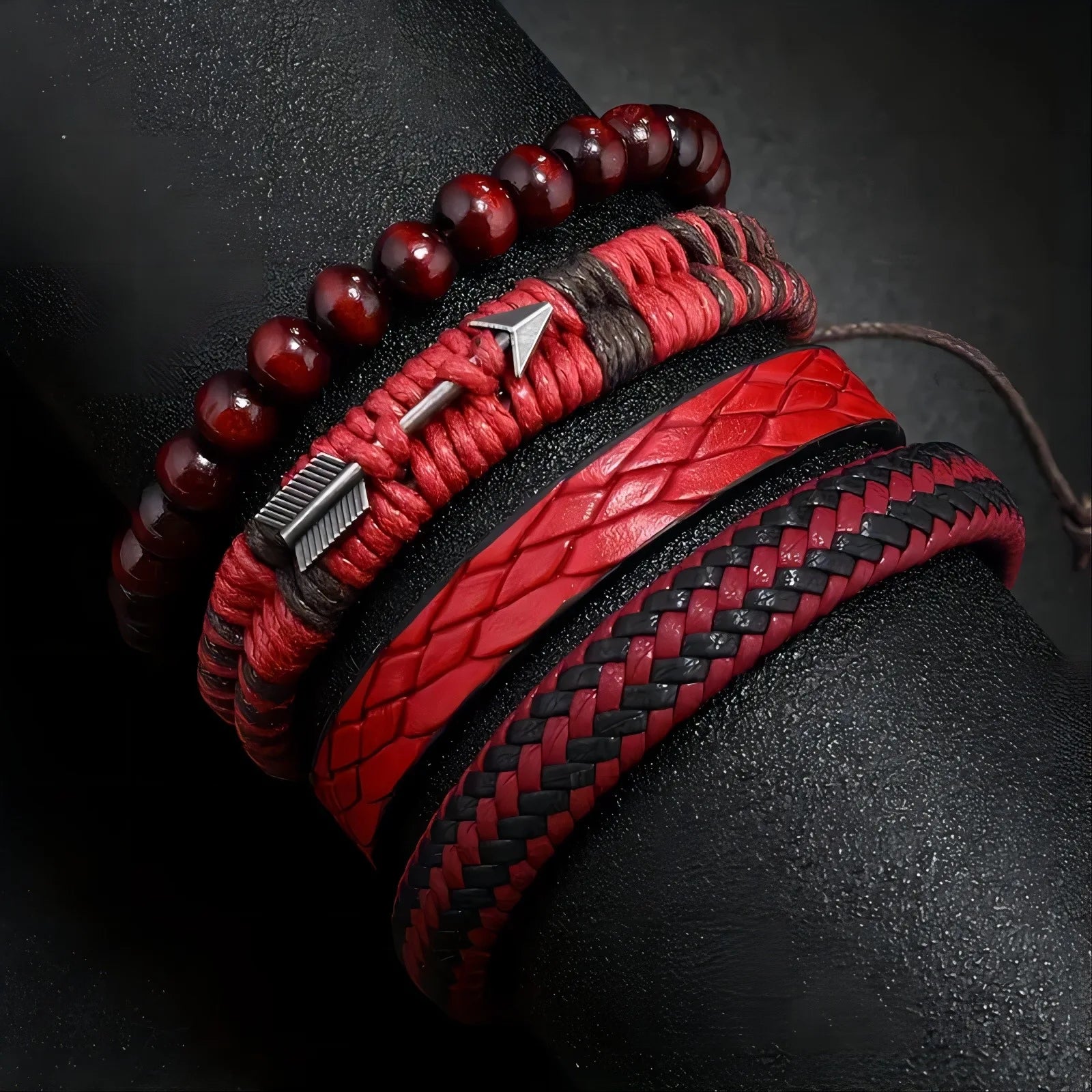 Vintage Mens Leather Bracelet Wooden Beaded Hand Woven Fashion - Smarsty
