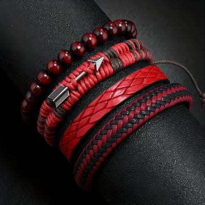 Vintage Mens Leather Bracelet Wooden Beaded Hand Woven Fashion - Smarsty