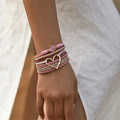 Women Leather Heart Charm Bracelet Rhinestone Wrap - Smarsty
