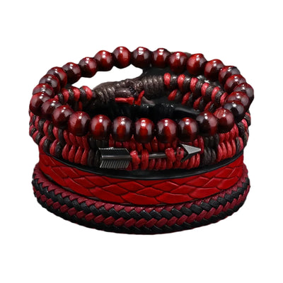 Vintage Mens Leather Bracelet Wooden Beaded Hand Woven Fashion - Smarsty